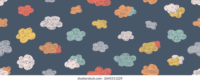 Crayon icons of weather, clouds in sky. Seamless pattern with doodle clouds in chalk texture. Cute summer weather background drawn with crayon pencils, kid vector illustration