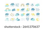 Crayon icons of weather, clouds and sun in sky. Doodle clouds with rain, lightning, snow, storm with chalk texture. Cute summer and winter weather icons drawn with crayon pencils, vector illustration