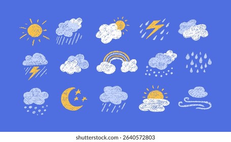 Crayon icons of weather, clouds and sun in sky. Doodle clouds with rain, lightning, snow, storm with chalk texture. Cute summer and winter weather icons drawn with crayon pencils, vector illustration