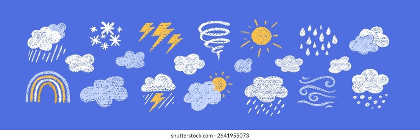 Crayon icons of weather, clouds and sun in sky. Doodle clouds with rain, lightning, snow, storm with chalk texture. Cute summer and winter weather icons drawn with crayon pencils, vector illustration