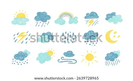 Crayon icons of weather, clouds and sun in sky. Doodle clouds with rain, lightning, snow, storm with chalk texture. Cute summer and winter weather icons drawn with crayon pencils, vector illustration