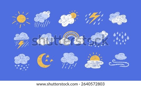 Crayon icons of weather, clouds and sun in sky. Doodle clouds with rain, lightning, snow, storm with chalk texture. Cute summer and winter weather icons drawn with crayon pencils, vector illustration