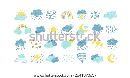 Crayon icons of weather, clouds and sun in sky. Doodle clouds with rain, lightning, snow, storm with chalk texture. Cute summer and winter weather icons drawn with crayon pencils, vector illustration