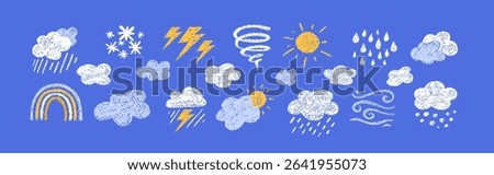 Crayon icons of weather, clouds and sun in sky. Doodle clouds with rain, lightning, snow, storm with chalk texture. Cute summer and winter weather icons drawn with crayon pencils, vector illustration