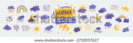 Crayon icons of weather, clouds and sun in sky. Doodle clouds with rain, lightning, snow, storm with chalk texture. Cute summer and winter weather icons drawn with crayon pencils, vector illustration