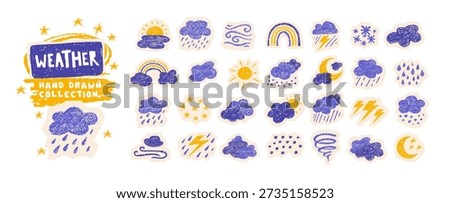 Crayon icons of weather, clouds and sun in sky. Doodle clouds with rain, lightning, snow, storm with chalk texture. Cute summer and winter weather icons drawn with crayon pencils, vector illustration