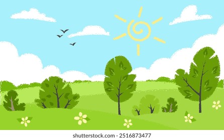 A crayon illustration of a summer meadow with rolling green hills, blue sky, and scattered clouds. The scene features grass, trees, and flowers. Ideal for backgrounds or nature designs. Not AI.