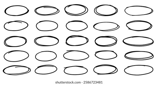 Crayon ink pencil oval circle highlight hand drawn set. Doodle sketch grungy graffiti scrapbook business elements. 