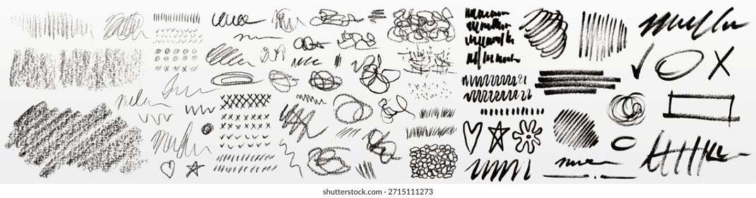 Crayon and ink scribble line collection with pencil doodle textures. Hand drawn scratch marks, brush strokes and marker pen elements. Vector set of rough charcoal crayon sketches and grunge effects.