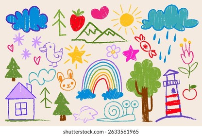 Dessins enfants de crayon - adorables enfants colorés gribouillages de nuages et arcs-en-ciel, montagnes et arbres, fruits et animaux, fleurs et soleil. Éléments d'art de craie mignon pour la conception ou la décoration d'enfant.