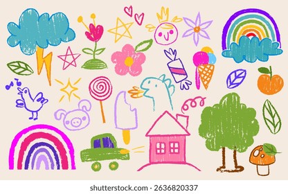 Crayon kid drawings set - colorful childlike doodles of cloud and rainbow, flower and animal, house and car, ice cream and candy, tree and mushroom. Cheerful hand drawn captures for children design.