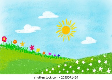 Crayon kid hand drawn landscape view with sun, mountains, meadow, flowers, clouds, land and flower field. Childlike crayon wax picture drawing, Vector illustration
