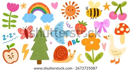 Crayon kid set. Funky childish color pencil naive doodle, cute cartoon animals. Kindergarten funny wax crayon rainbow, flower, butterfly, cherry, heart, strawberry, bee. Hand drawn vector illustration