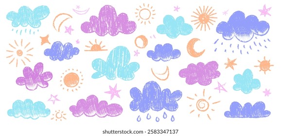 Crayon kid weather set. Doodle childish sun cloud rain snow and wind chalk drawn icons, cute weather symbols with colored chalk. Vector isolated collection.