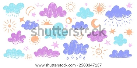 Crayon kid weather set. Doodle childish sun cloud rain snow and wind chalk drawn icons, cute weather symbols with colored chalk. Vector isolated collection.