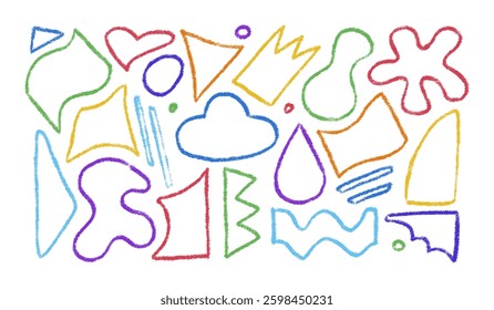 Crayon kids abstract figures with pastel brush texture. Color pencil hand drawn outline organic shapes. Vector illustration isolated on a white background.