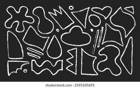 Crayon kids abstract figures with rough texture. White chalk hand drawn outline organic shapes. Vector illustration isolated on a black background.