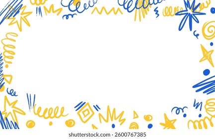 Crayon kids border frame with abstract lines, scribbles, stars. Children hand drawn ornament. Doodle decorated border. Baby frame for your design, school or kindergarten photos. Vector illustration 