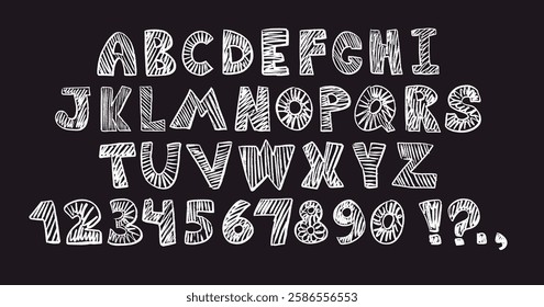 Crayon kids chalk font, children cartoon alphabet with doodle hand drawn letters on blackboard. Chalk style abc for educational banners, kindergarten, book covers. Vector illustration