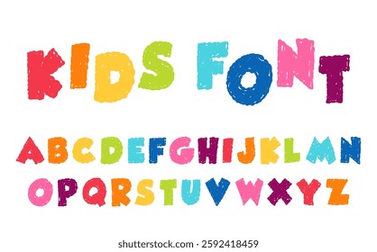 Crayon kids colourful font. Doodle funny alphabet. Wax crayon abc for kindergarten, school. Handwriting playful letters. Color pencil children font.