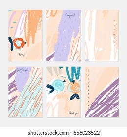 Crayon kids drawing dots circles berries.Hand drawn creative invitation or greeting cards template. Anniversary, Birthday, wedding, party, social media banners set of 6. Isolated on layer.