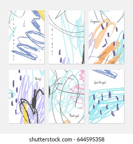 Crayon kids drawing scribbles dots and circles.Hand drawn creative invitation or greeting cards template. Anniversary, Birthday, wedding, party, social media banners set of 6. Isolated on layer.
