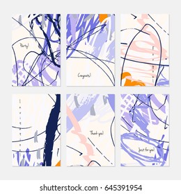 Crayon kids drawing scribbles dots and circles.Hand drawn creative invitation or greeting cards template. Anniversary, Birthday, wedding, party, social media banners set of 6. Isolated on layer.