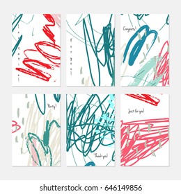 Crayon kids drawing scribbles dots and circles.Hand drawn creative invitation or greeting cards template. Anniversary, Birthday, wedding, party, social media banners set of 6. Isolated on layer.
