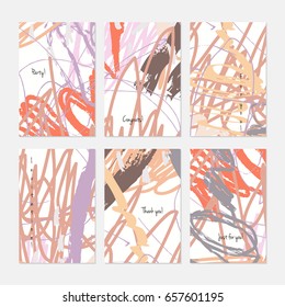 Crayon kids drawing scribbles dots and circles.Hand drawn creative invitation or greeting cards template. Anniversary, Birthday, wedding, party, social media banners set of 6. Isolated on layer.