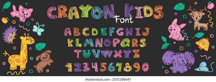 Crayon kids font, children cartoon  alphabet with doodle hand drawn letters, animals and numbers. Chalk style abc for educational banners, kindergarten, book covers. Vector illustration. 