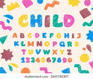Crayon kids font. Cute doodle typescript with realistic pencil stroke texture. Fun and playful typography with alphabet letters and numbers. Hand drawn vector illustration isolated on background