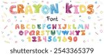 Crayon kids font, doodle funny playful alphabet, hand drawn letters and numbers. School wax crayon abc for educational banners, school, kindergarten. Vector cartoon children illustration