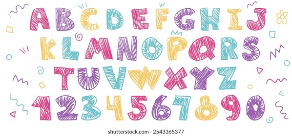 Crayon kids font, doodle funny playful alphabet, hand drawn letters and numbers. School wax crayon abc for educational banners, school, kindergarten. Vector cartoon children illustration