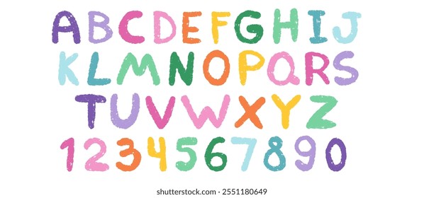 Crayon kids font, doodle funny playful alphabet, hand drawn letters and numbers. School wax crayon abc for educational banners, school, kindergarten. Vector cartoon children illustration