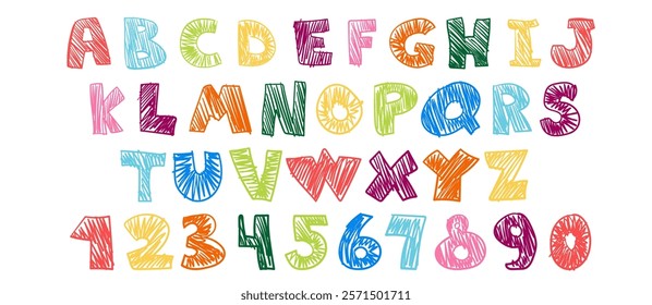 Crayon kids font, doodle funny playful alphabet, hand drawn letters and numbers. School wax crayon abc for educational banners, school, kindergarten. Vector cartoon children illustration