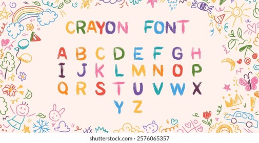 Crayon kids font, doodle funny playful alphabet, hand drawn letters. School wax crayon abc for educational banners, school, kindergarten. Vector cartoon children illustration