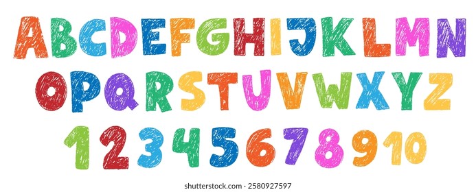 Crayon kids font, doodle funny playful alphabet. Hand drawn scribble kid typescript numbers. School wax crayon abc cute kindergarten handwriting playful letters, digits. Color pencil children font.