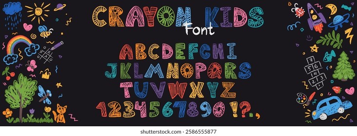 Crayon kids font, doodle funny playful alphabet, hand drawn letters and numbers. School wax crayon abc for educational banners, school, kindergarten. Vector cartoon children illustration