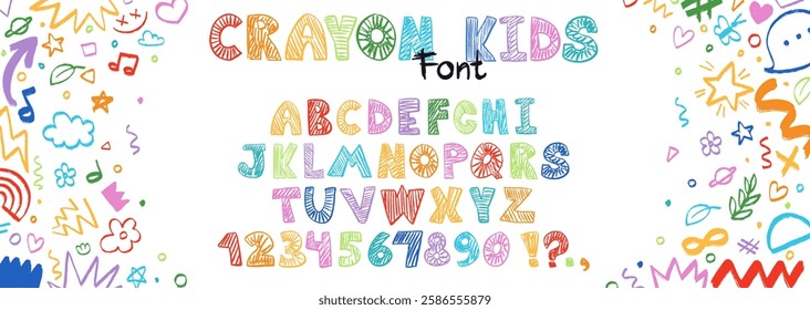 Crayon kids font, doodle funny playful alphabet, hand drawn letters and numbers. School wax crayon abc for educational banners, school, kindergarten. Vector cartoon children illustration