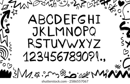 Crayon kids font, doodle funny playful alphabet, hand drawn black letters and numbers. School wax crayon abc for educational banners, school, kindergarten. Vector cartoon children illustration