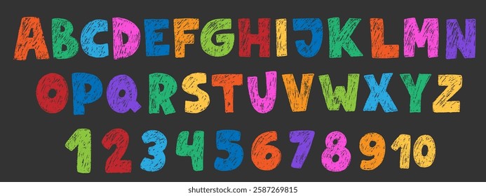 Crayon kids font, doodle funny playful alphabet. Hand drawn scribble kid typescript numbers. School wax crayon abc cute kindergarten handwriting playful letters, digits. Color pencil children font.