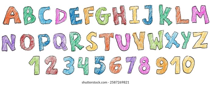 Crayon kids font, doodle funny playful alphabet. Hand drawn scribble kid typescript numbers. School wax crayon abc cute kindergarten handwriting playful letters, digits. Color pencil children font.