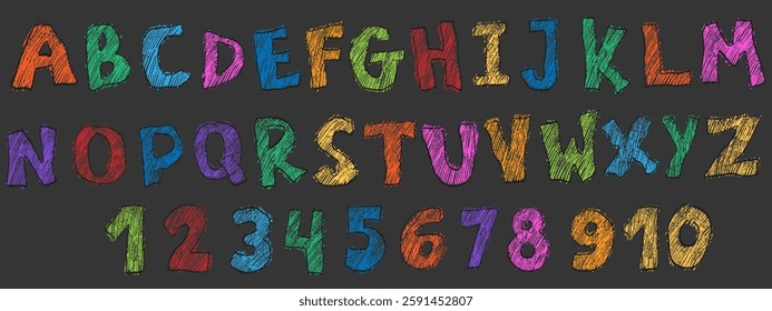 Crayon kids font, doodle funny playful alphabet. Hand drawn scribble kid typescript numbers. School wax crayon abc cute kindergarten handwriting playful letters, digits. Color pencil children font.