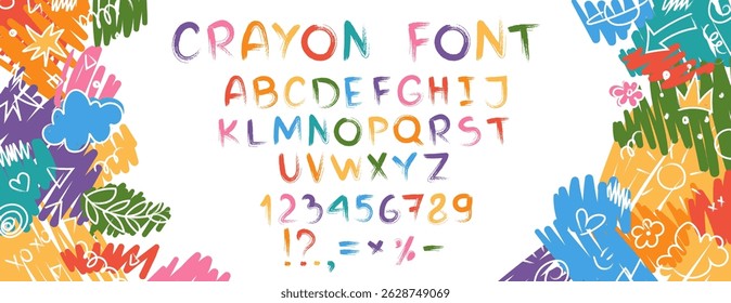 Crayon crianças fonte, rabiscar engraçado alfabeto brincalhão, letras desenhadas à mão. Cera de cera escolar abc para bandeiras educacionais, escola, jardim de infância. Ilustração para crianças de desenhos animados vetoriais