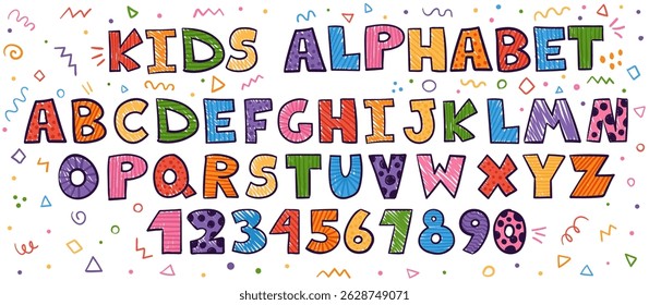 Crayon crianças fonte, rabiscar engraçado alfabeto brincalhão, letras desenhadas à mão. Cera de cera escolar abc para bandeiras educacionais, escola, jardim de infância. Ilustração para crianças de desenhos animados vetoriais
