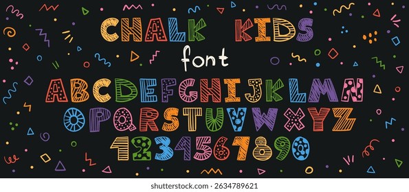Crayon crianças fonte, rabiscar engraçado alfabeto brincalhão, letras desenhadas à mão e números. Cera de cera escolar abc para bandeiras educacionais, escola, jardim de infância. Ilustração para crianças de desenhos animados vetoriais
