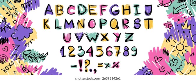 Crayon kids font, doodle funny playful alphabet, hand drawn letters and numbers. School wax crayon abc for educational banners, school, kindergarten. Vector cartoon children illustration