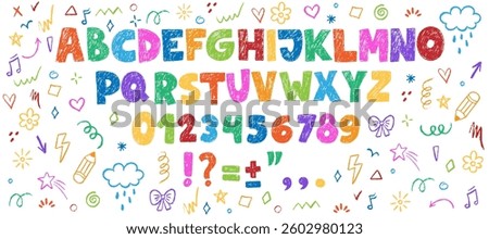 Crayon kids font, doodle funny playful alphabet. Hand drawn scribble kid typescript numbers, blobs.  School wax abc, cute kindergarten handwriting playful letters. Color pencil children font