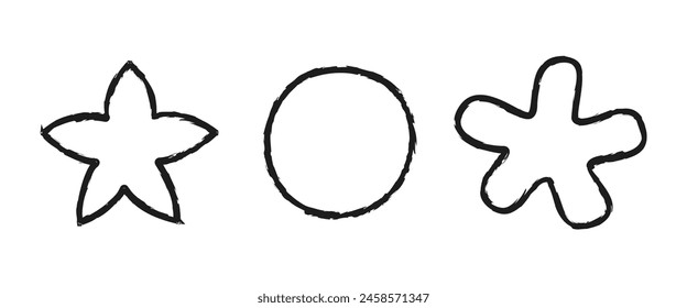 Crayon kids frame set. Chalk shapes. Star, circle, blob. Handwriting vector figures. Best for kindergarten, poster, texture