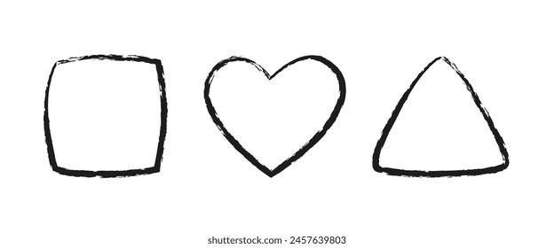 Crayon kids frame set. Color shapes. Chalk square, triangle, heart. Handwriting vector figures. Best for kindergarten, poster, texture